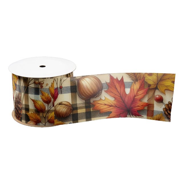 Ruban En Satin Feuilles d'automne colorées sur plaid (Bobine)