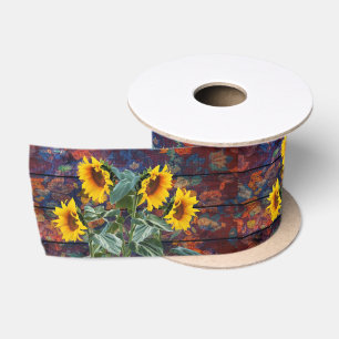 Ruban En Satin Feuilles d'automne rustiques et tournesols