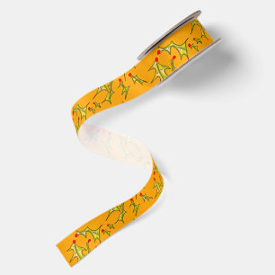 Ruban En Satin Feuilles de Joyeux Noël sur fond or jaune
