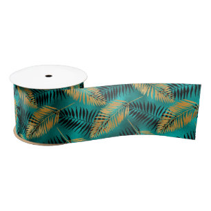 Ruban En Satin Feuilles de palmier sarcelle dorée Motif tropica