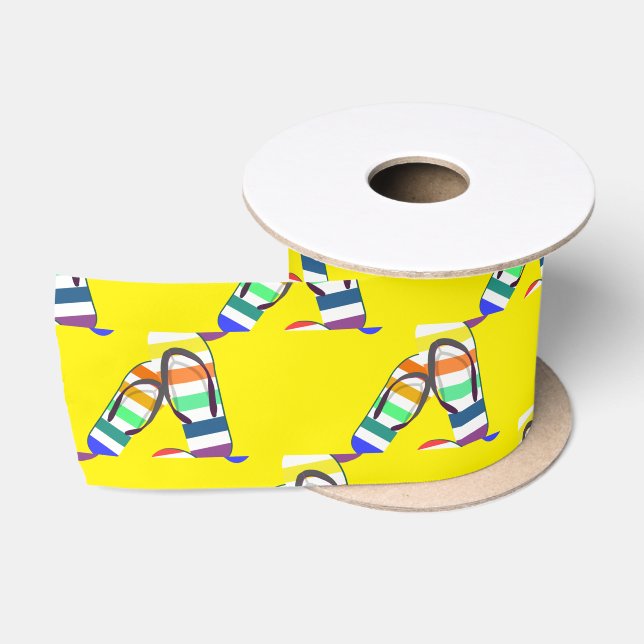 Ruban En Satin Feuilles de tongs triées sur jaune (Bobine)