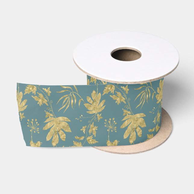 Ruban En Satin Feuilles dorées bleu vert printemps douche de mari (Bobine)