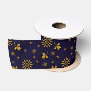 Ruban En Satin Feuilles Florales en Faux Or Bleu Marine
