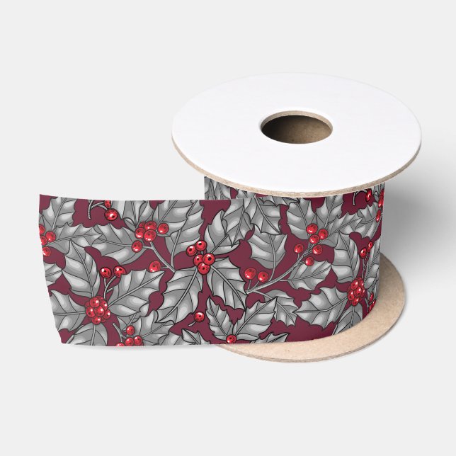 Ruban En Satin Feuilles gris sur rouge foncé (Bobine)
