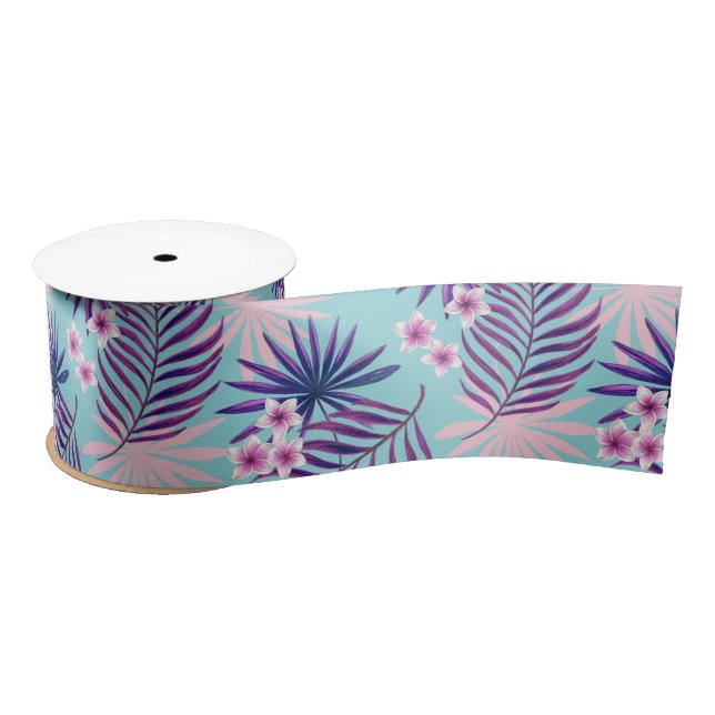 Ruban En Satin Feuilles tropicaux et fleurs 2 (Bobine)