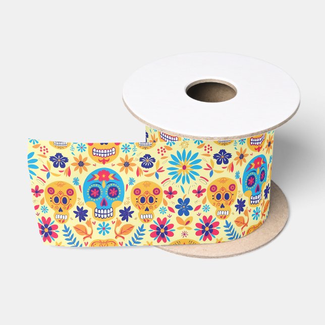 Ruban En Satin Fiesta jaune Calaveras (Bobine)