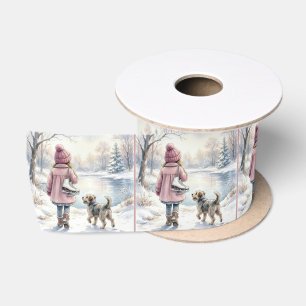 Ruban En Satin Fillette à l'aquarelle avec patins à glace et chie