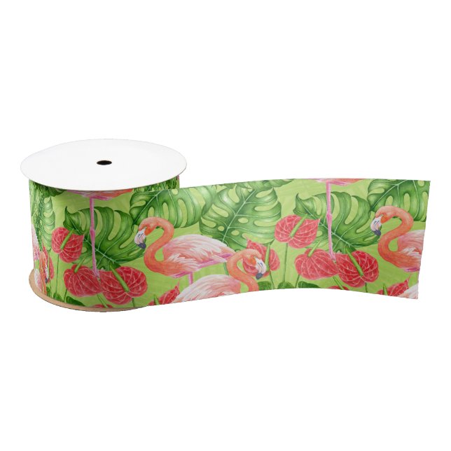 Ruban En Satin Flamant rose et plantes tropicaux (Bobine)