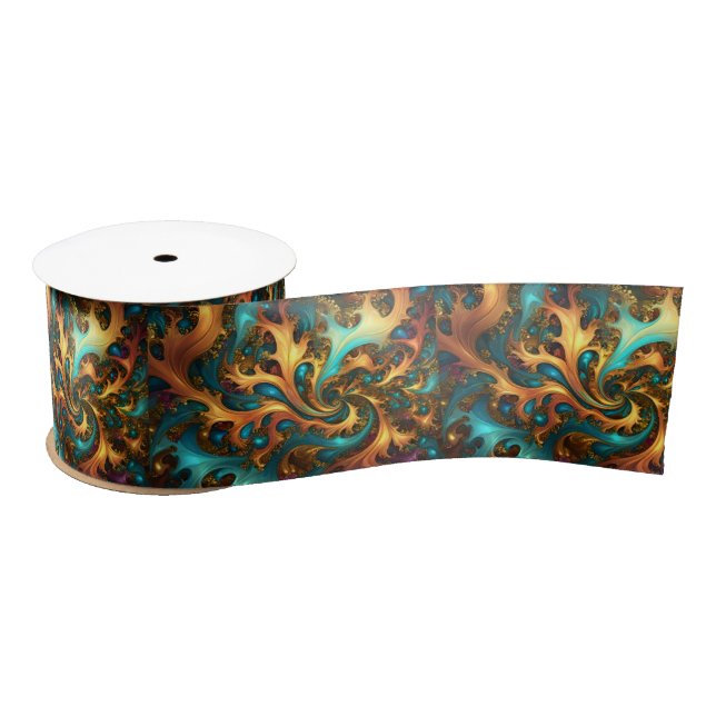 Ruban En Satin Flammes Abstraites or Turquoise orange, (Bobine)