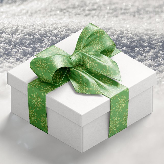 Ruban En Satin Flèche de neige verte dorée (Gold Green Snowflake Satin Ribbon)