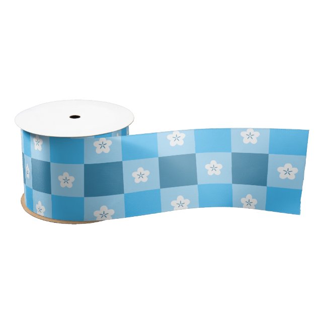 Ruban En Satin Fleur bleue à carreaux (Bobine)