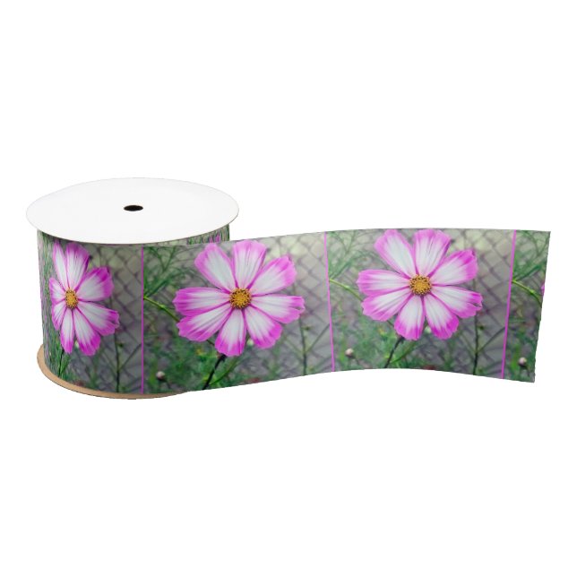 Ruban En Satin Fleur Cosmos rose et blanc (Bobine)