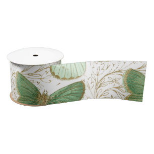 Ruban En Satin Fleur de fleurs florales blanches du papillon vert