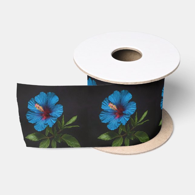Ruban En Satin Fleur D'Hibiscus Bleu Sur Noir, (Bobine)
