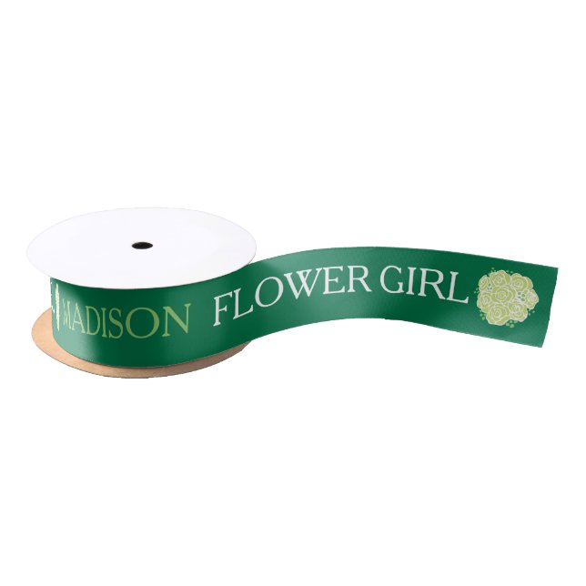 Ruban En Satin Fleur fille texte personnalisé vert blanc roses (Bobine)