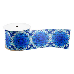 Ruban En Satin Fleur géométrique Motif en Bleu Cobalt et Marine
