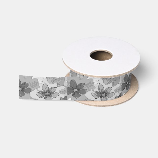 Ruban En Satin Fleurs aux teintes grises monochromes  (Bobine)