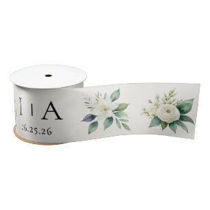 Ruban En Satin Fleurs blanches et verdure Texte personnalisé Mari