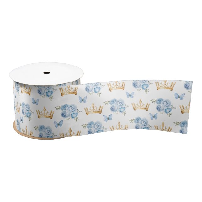 Ruban En Satin Fleurs Bleu Lilas et Couronnes d'Or (Bobine)