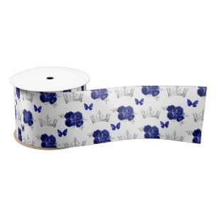 Ruban En Satin Fleurs Bleu Marine et Couronnes d'Argent