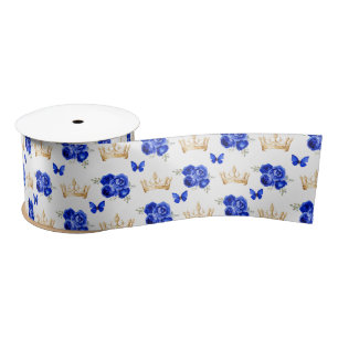 Ruban En Satin Fleurs Bleu Royal et Couronnes d'Or