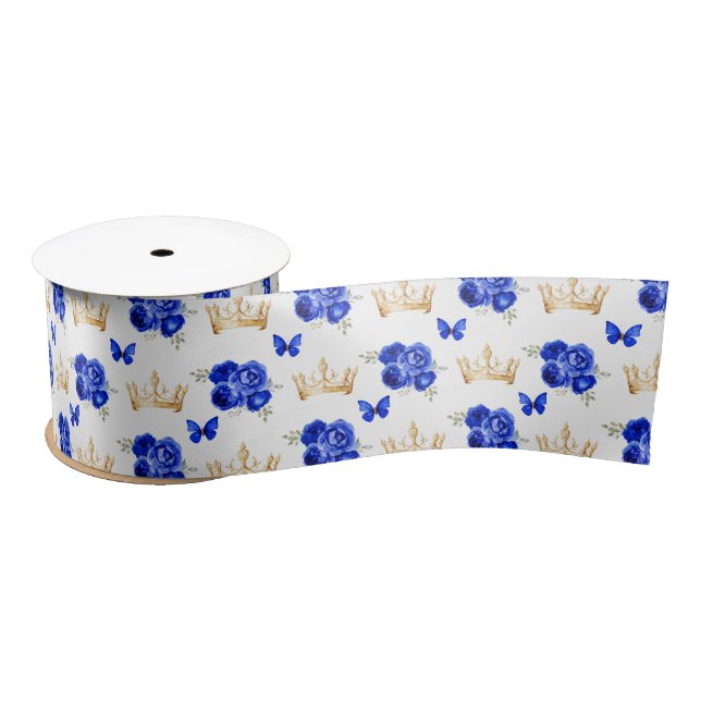 Ruban En Satin Fleurs bleues royales et Couronnes d'or (Bobine)