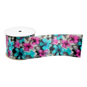 Ruban En Satin Fleurs d'aquarelle bleu rose blanc