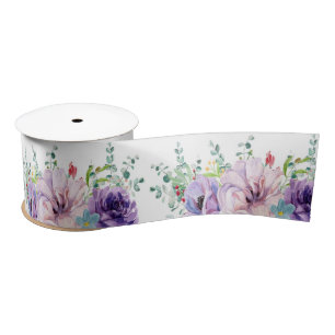 Ruban En Satin Fleurs d'aquarelle violette et rose