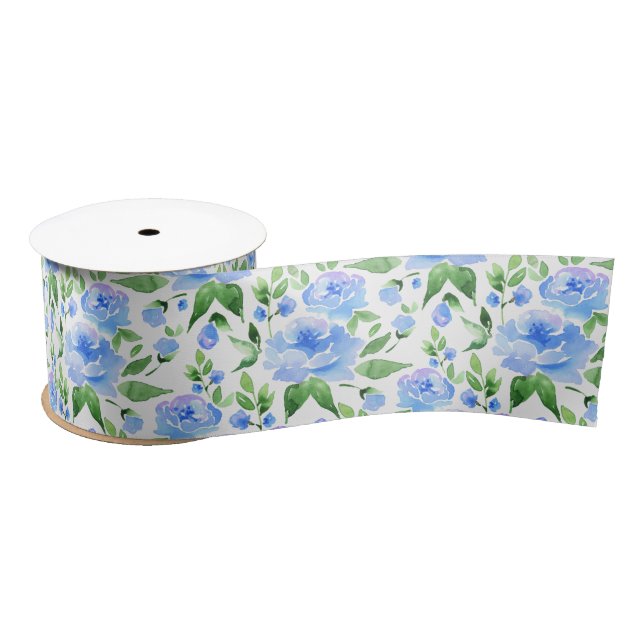 Ruban En Satin Fleurs de bleu d'aquarelle (Bobine)
