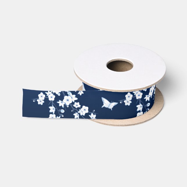 Ruban En Satin Fleurs de cerisier navales bleu blanc (Bobine)