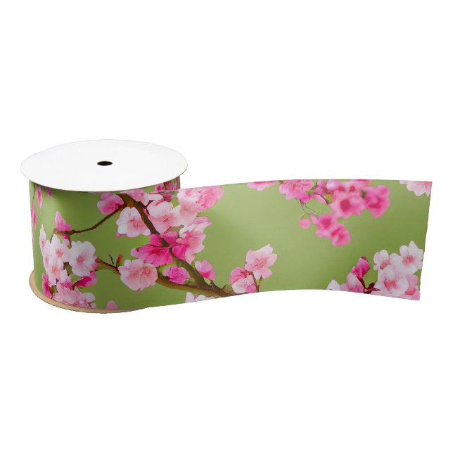 Ruban En Satin Fleurs de cerisiers exquises en Chartreuse (Bobine)
