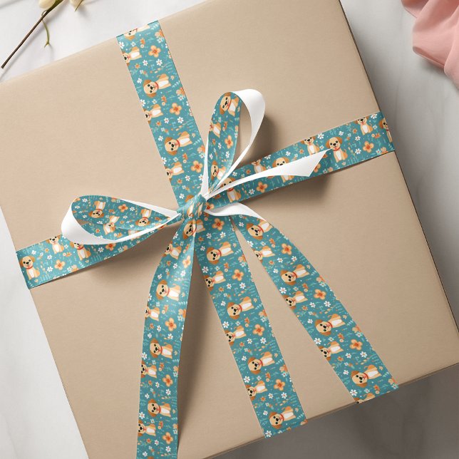 Ruban En Satin Fleurs de chiot turquoises mignonnes orange (Cute Puppy Floral Pattern Teal Satin Ribbon)