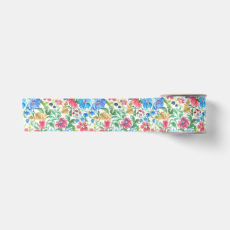 Ruban En Satin Fleurs de jardin à l'aquarelle bleu rose Blooms co