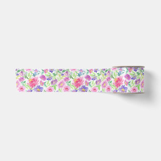 Ruban En Satin Fleurs de jardin printanières aquarelles rose viol