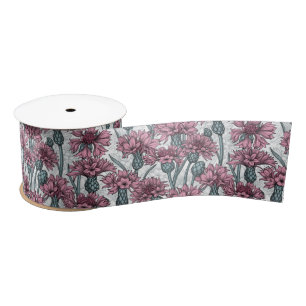 Ruban En Satin Fleurs de maïs roses, fleurs sauvages sur blanc