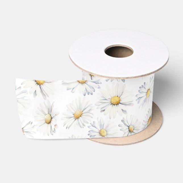 Ruban En Satin Fleurs de marguerite blanche fond couleur éditable (Bobine)