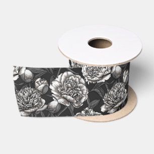 Ruban En Satin Fleurs de paeonie blanches sur gris foncé
