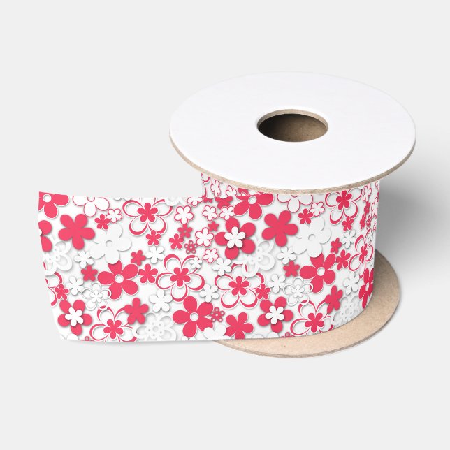 Ruban En Satin Fleurs de papier rouge et blanc (Bobine)