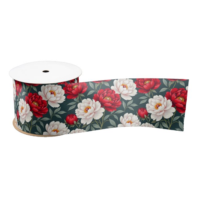 Ruban En Satin Fleurs de pivoine rouges et blanches  (Bobine)