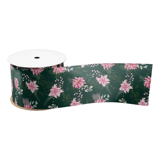 Ruban En Satin Fleurs de Poinsététie rose sur Vert foncé (Bobine)