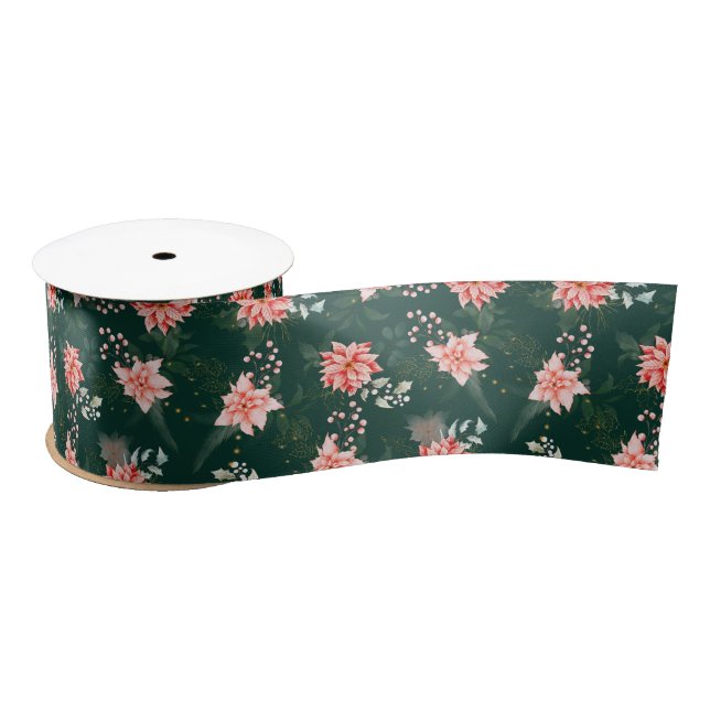 Ruban En Satin Fleurs d'Euphorbe Rouge sur Fond Vert Foncé (Bobine)