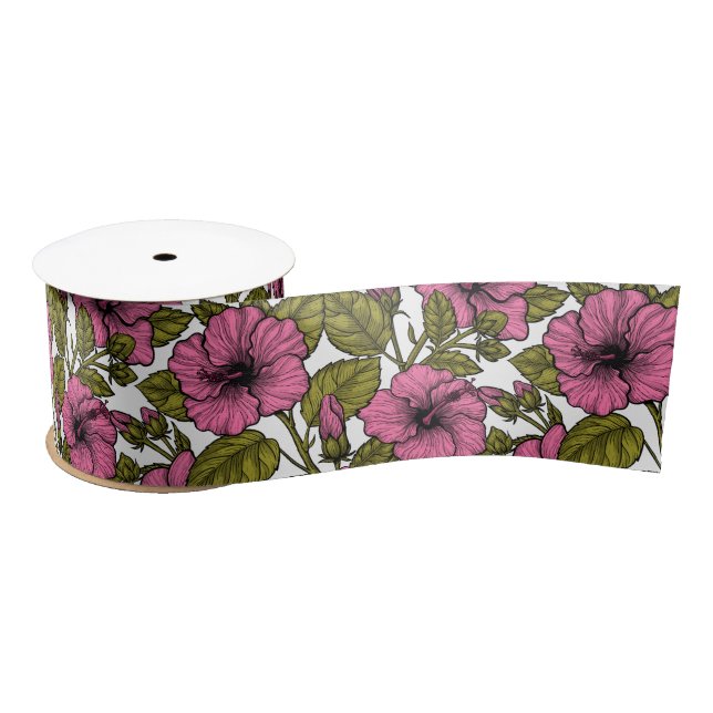 Ruban En Satin Fleurs d'hibiscus roses (Bobine)