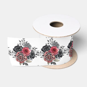 Ruban En Satin Fleurs élégantes rouges et argentées 