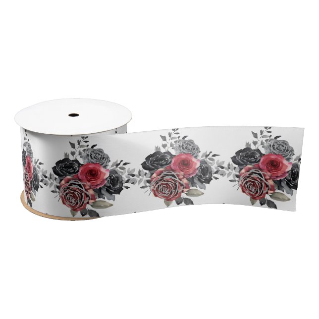 Ruban En Satin Fleurs élégantes rouges et argentées  (Bobine)