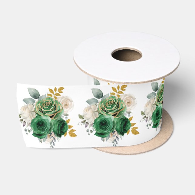 Ruban En Satin Fleurs Élégantes Vert Foncé et Or (Bobine)