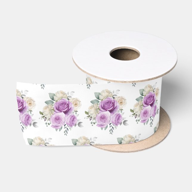 Ruban En Satin Fleurs élégantes violettes et argentées (Bobine)