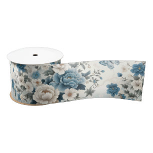 Ruban En Satin Fleurs et papillons Chinoiserie