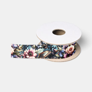 Ruban En Satin Fleurs et papillons printaniers antiques