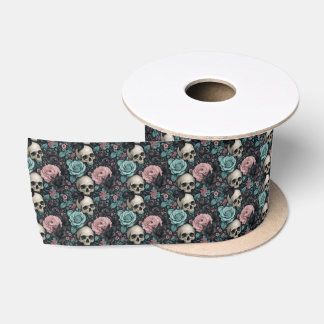 Ruban En Satin Fleurs gothiques aqua rose et noires