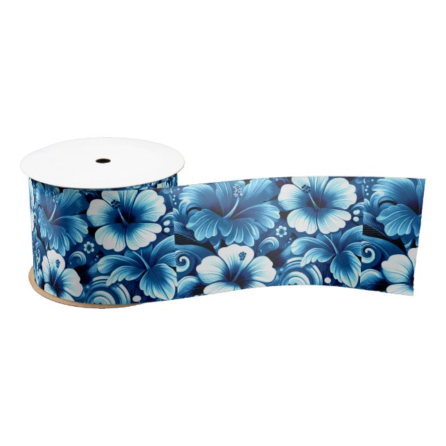 Ruban En Satin Fleurs hawaïennes tropicales Hibiscus Motif bleu (Bobine)